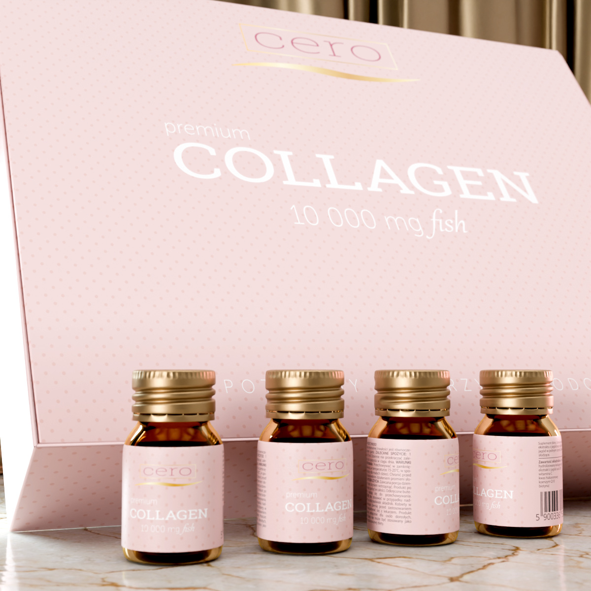 Cztery butelki shotów z kolagenem z jagodami ACAI, w tle pudełko z napisem COLLAGEN